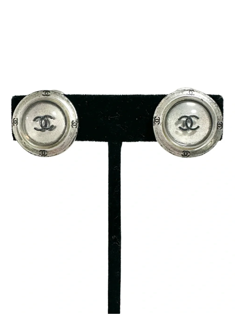 Chanel Silver Button & Black CC 99P Clip On Earrings with Box